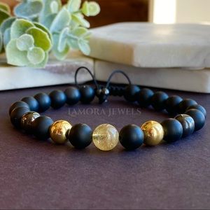Citrine, Hematite & Black Onyx Adjustable Beaded Bracelet For Men